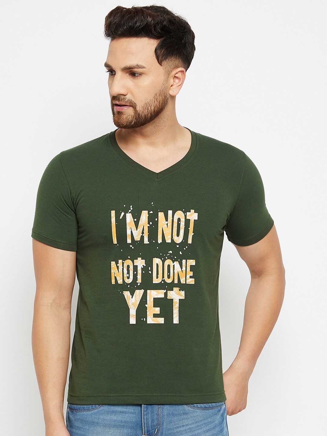 

Adobe Men Green & Yellow Typography Printed V-Neck T-shirt