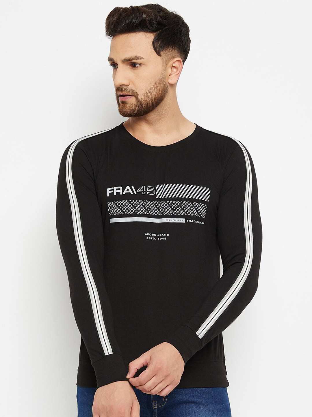 

Adobe Men Black Typography Printed Monochrome Raw Edge T-shirt