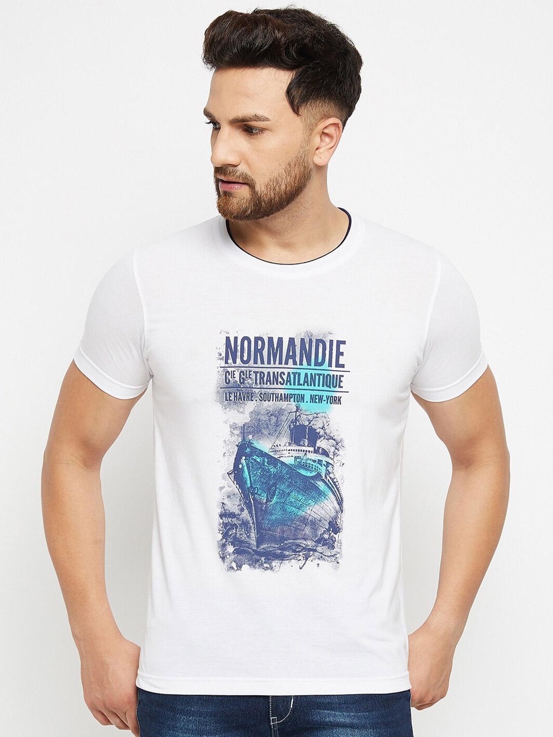 

Adobe Men White & Blue Printed Cotton T-shirt