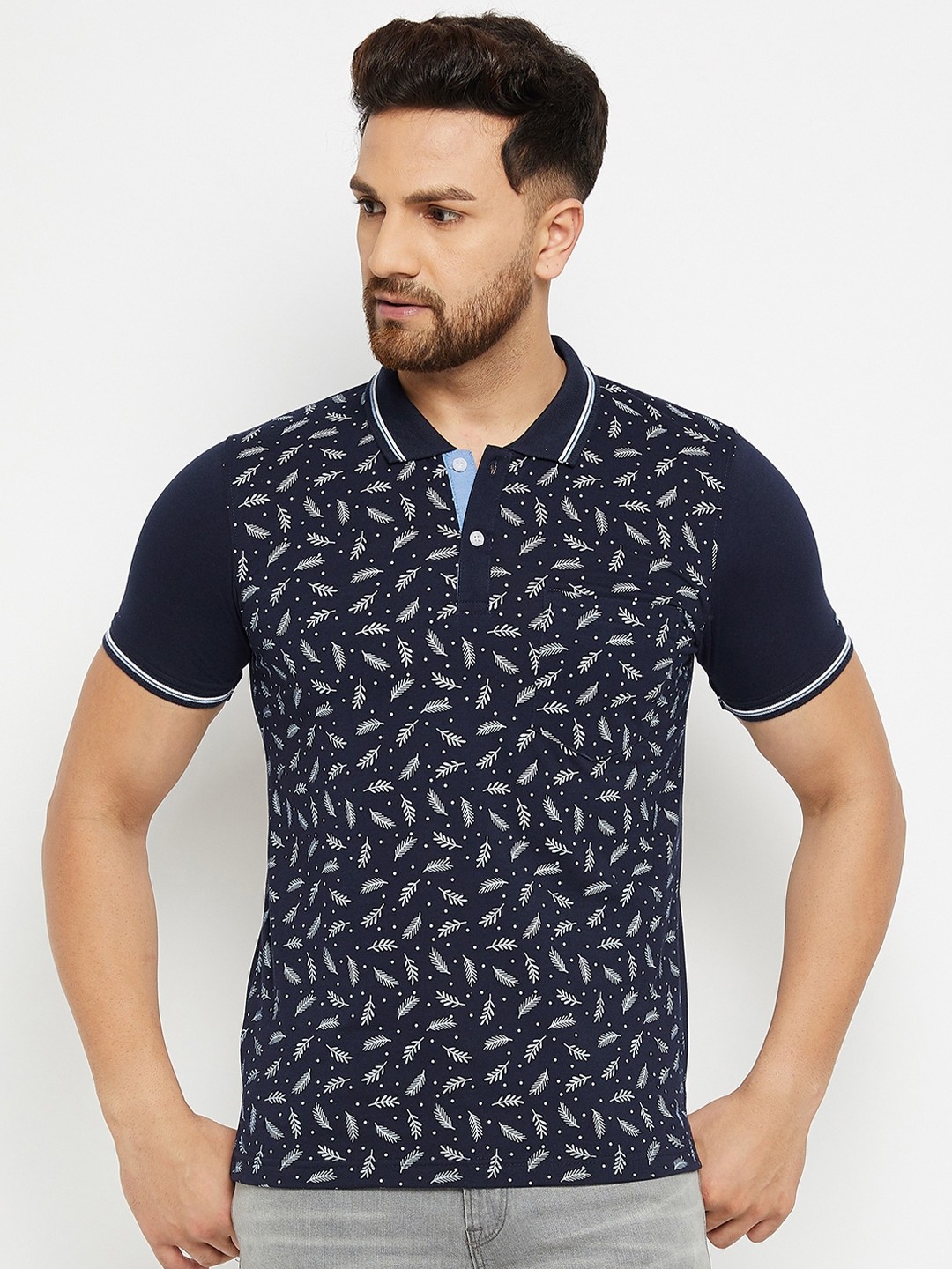 

Adobe Men Navy Blue Printed Polo Collar Pockets T-shirt