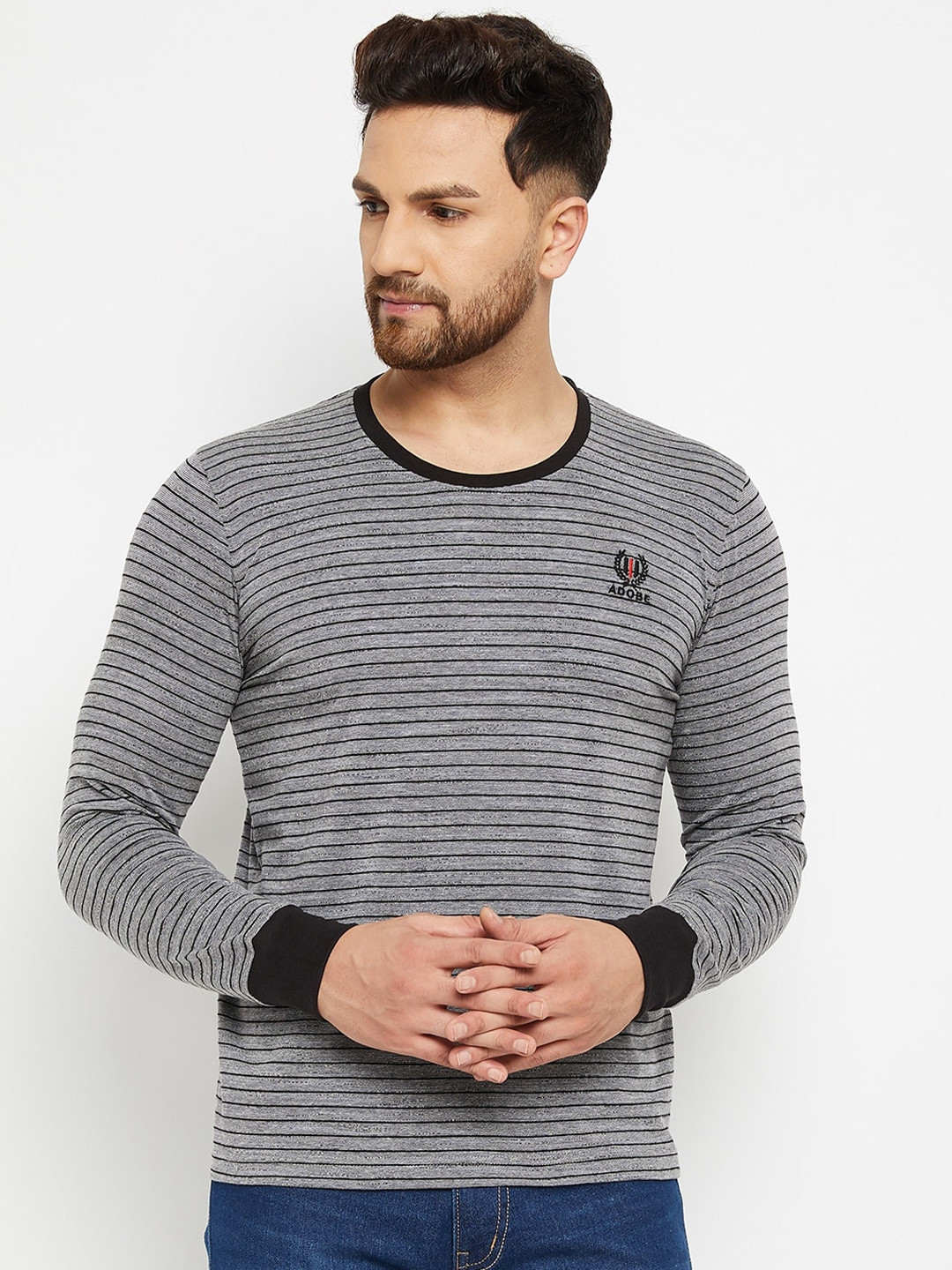 

Adobe Men Grey & Black Striped Cotton T-shirt