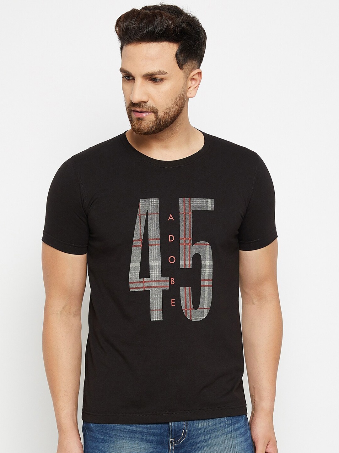 

Adobe Men Black & Grey Typography Printed Cotton T-shirt