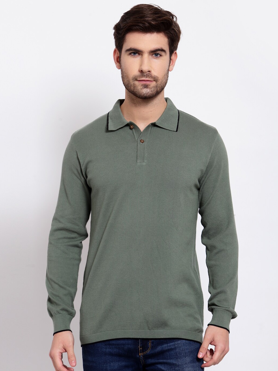 

Kalt Men Olive Green Polo Collar Cotton T-shirt
