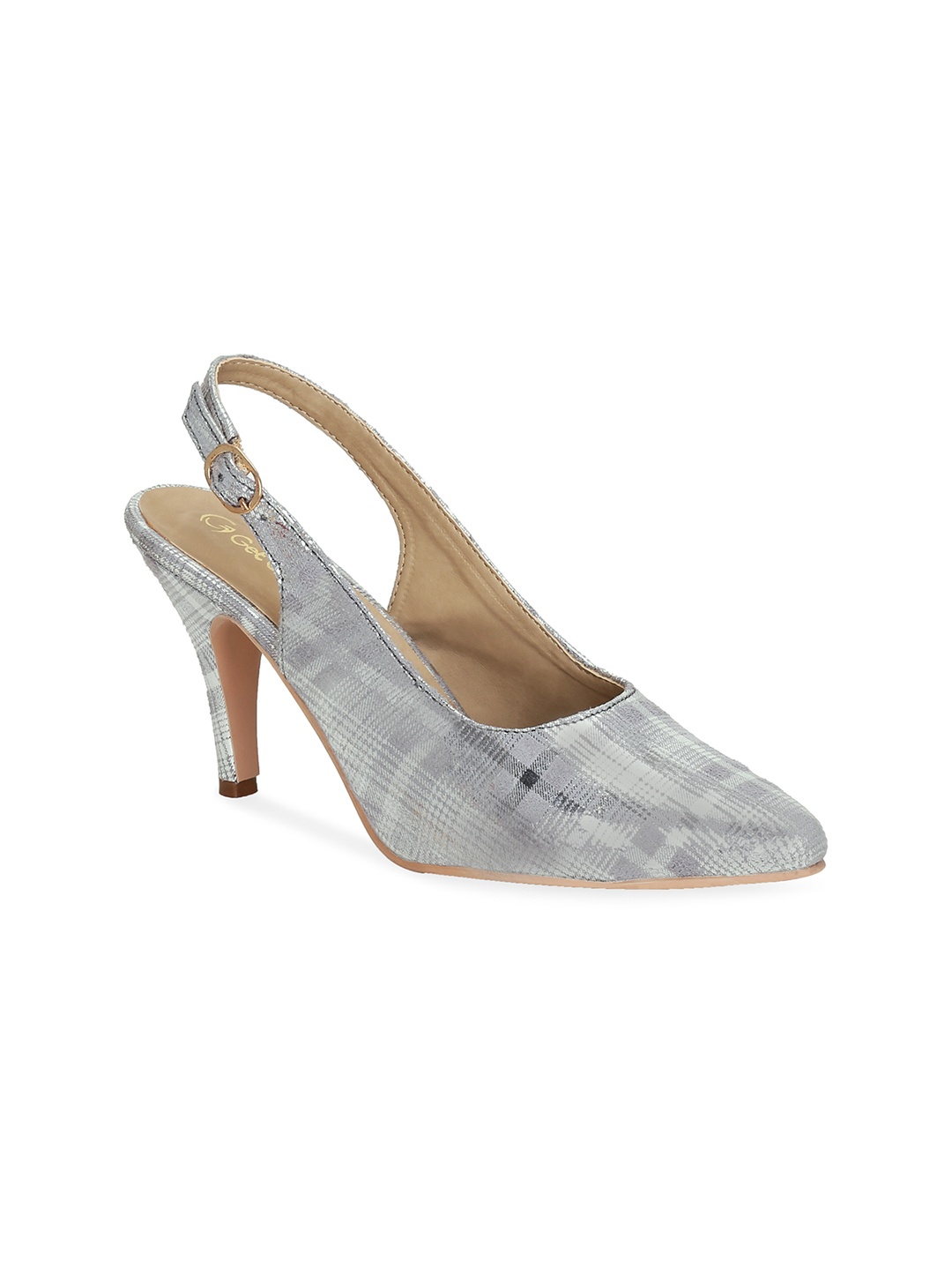 

Get Glamr Silver-Tone Checked Party Pumps with Buckles