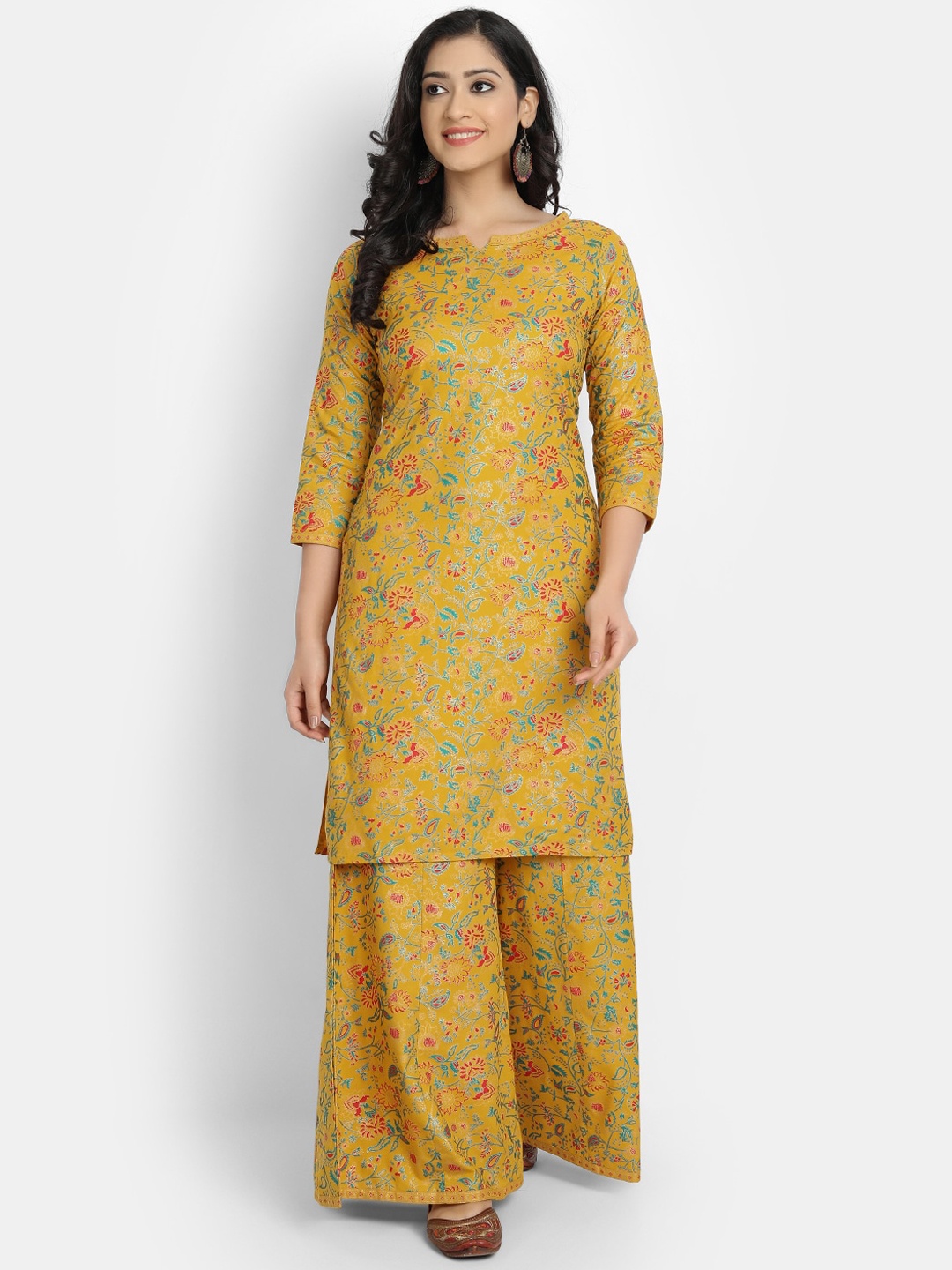 

SUTI Women Mustard Yellow & Blue Floral Printed Regular Kurta with Palazzos