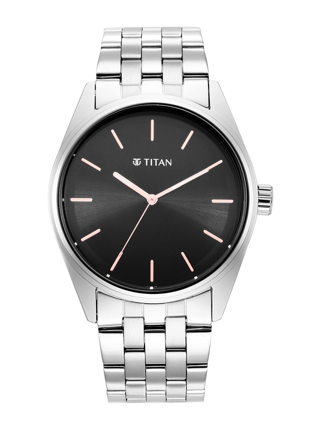 

Titan Men Black Solid Dial & Silver-Toned Bracelet Style Straps Analogue Watch 1866SM01
