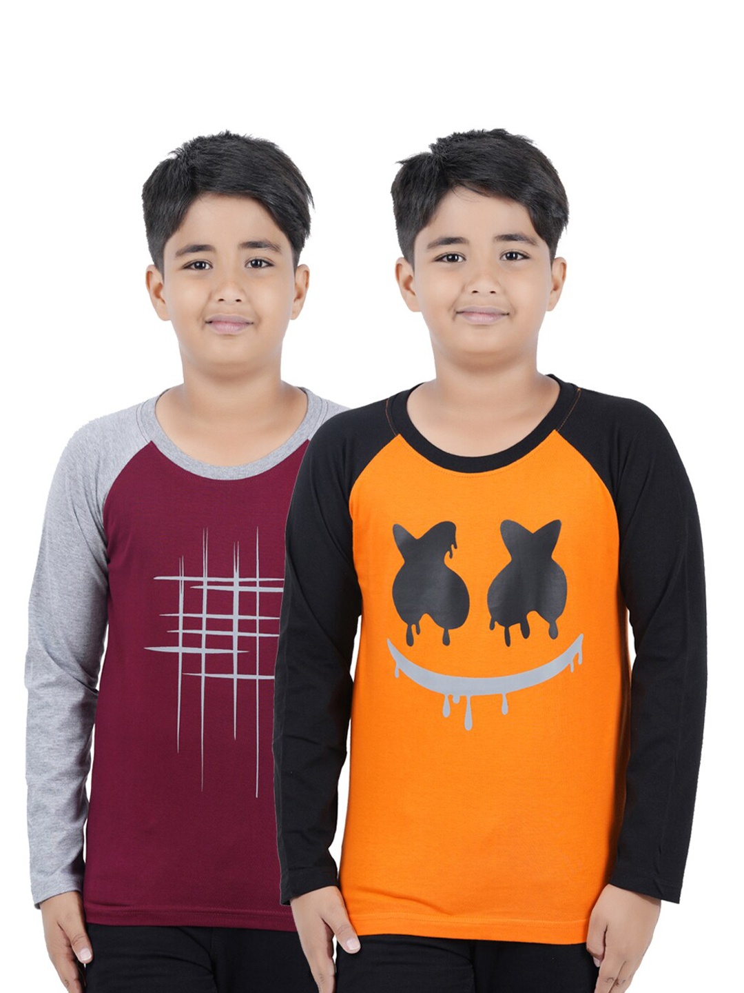 

Kiddeo Boys Maroon & Orange 2 Printed Slim Fit T-shirts