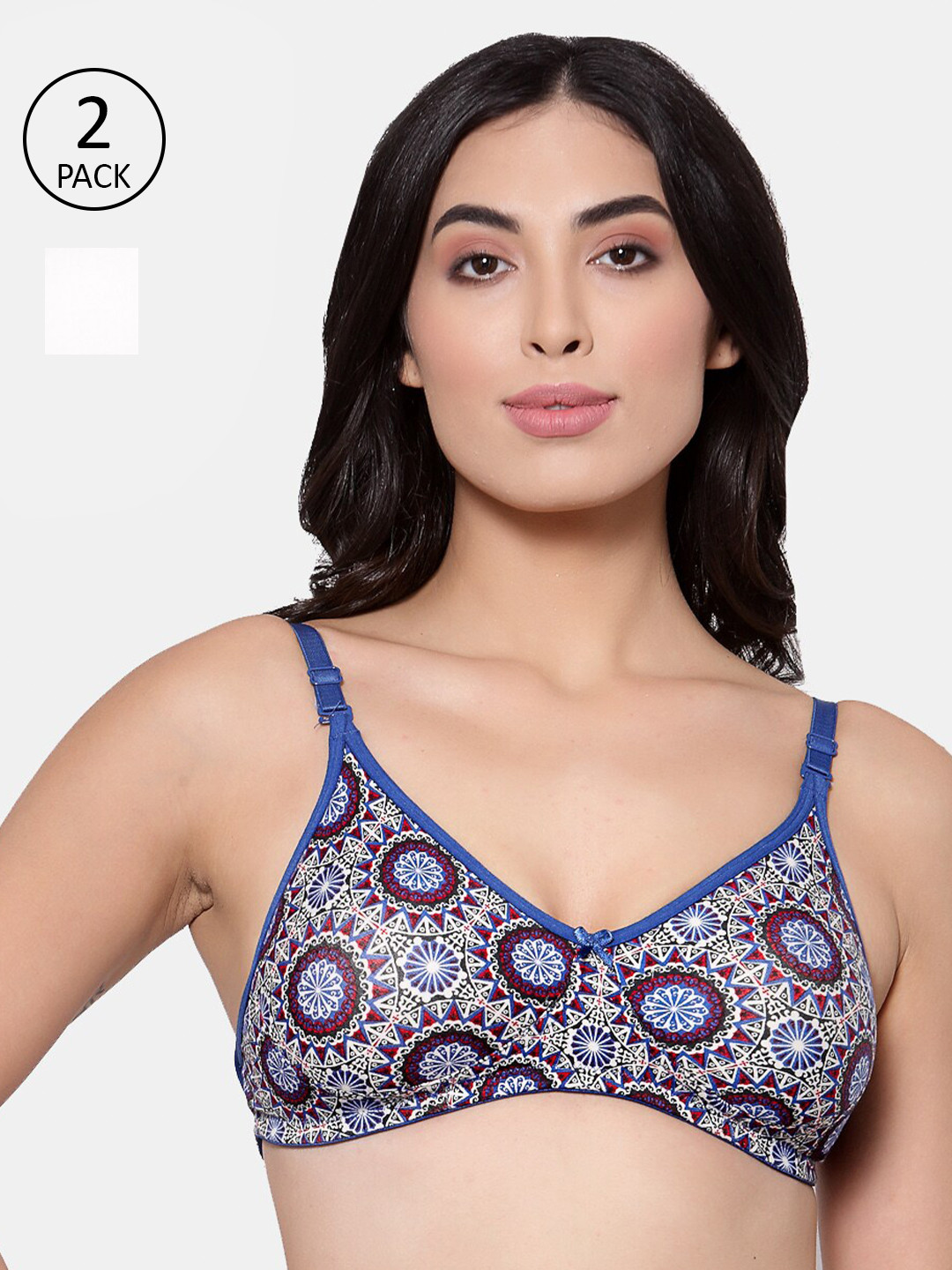 

Inner Sense Pack of 2 Cream-Coloured & Blue Floral T-shirt Bras - Antimicrobial Seamless