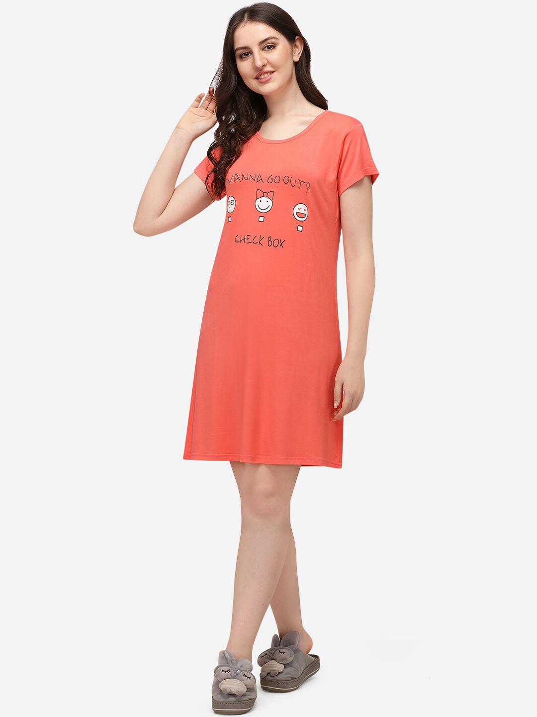 

Lenissa Women Coral Red & White Printed Sleep Shirt