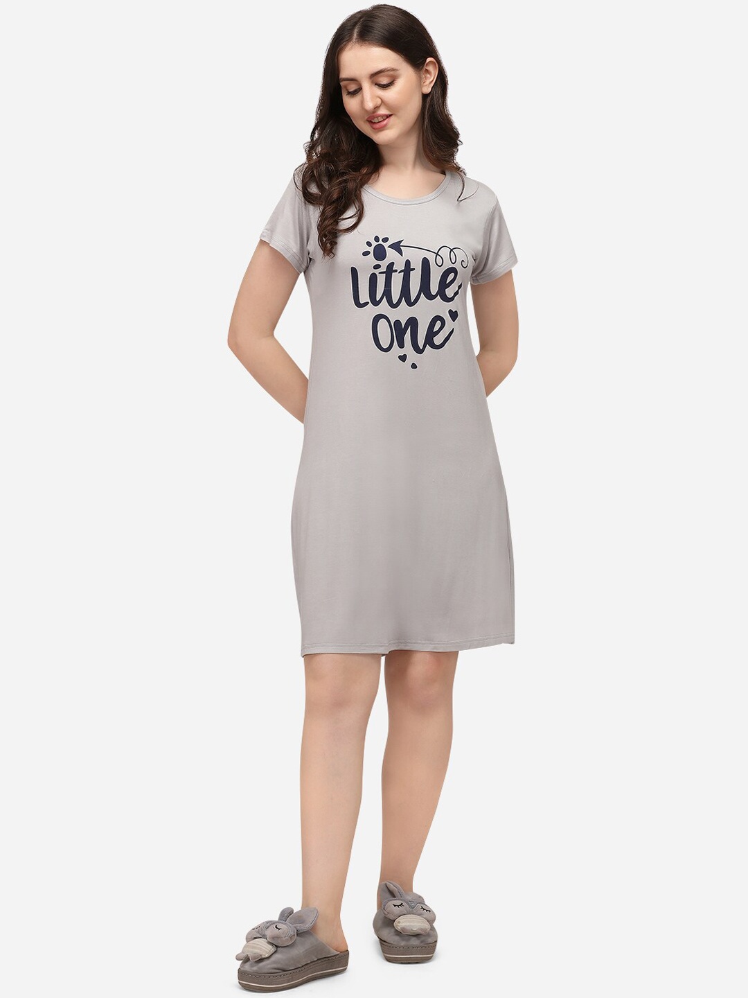 

Lenissa Women Grey and Black Printed T-Shirt Nightdress