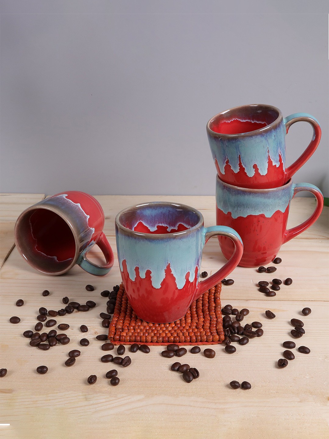 

Homesake Red & Blue Set of 4 Handcrafted Printed Ceramic Glossy Mugs