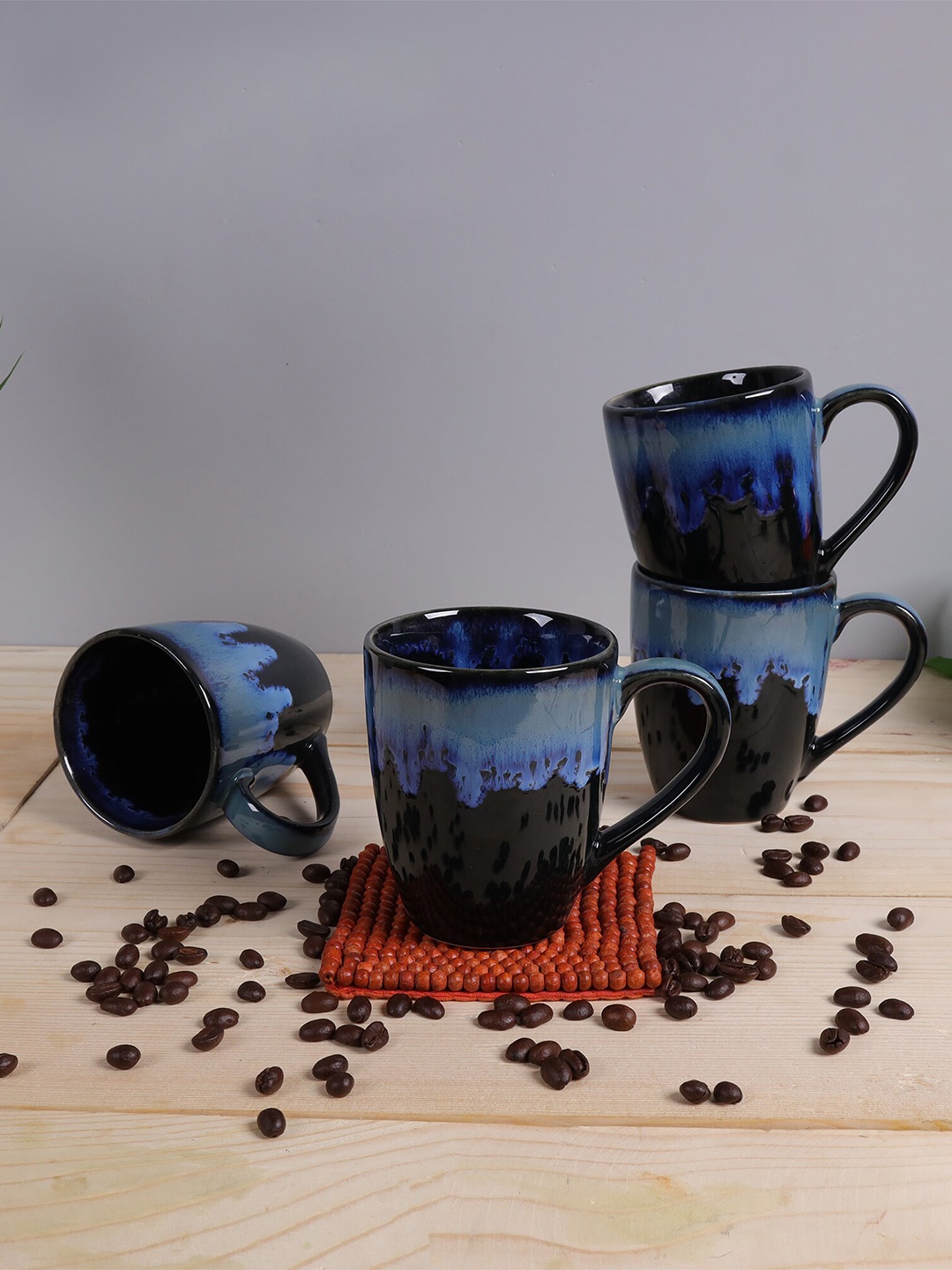 

Homesake Set of 4 Black & Blue Printed Ceramic Glossy Mugs