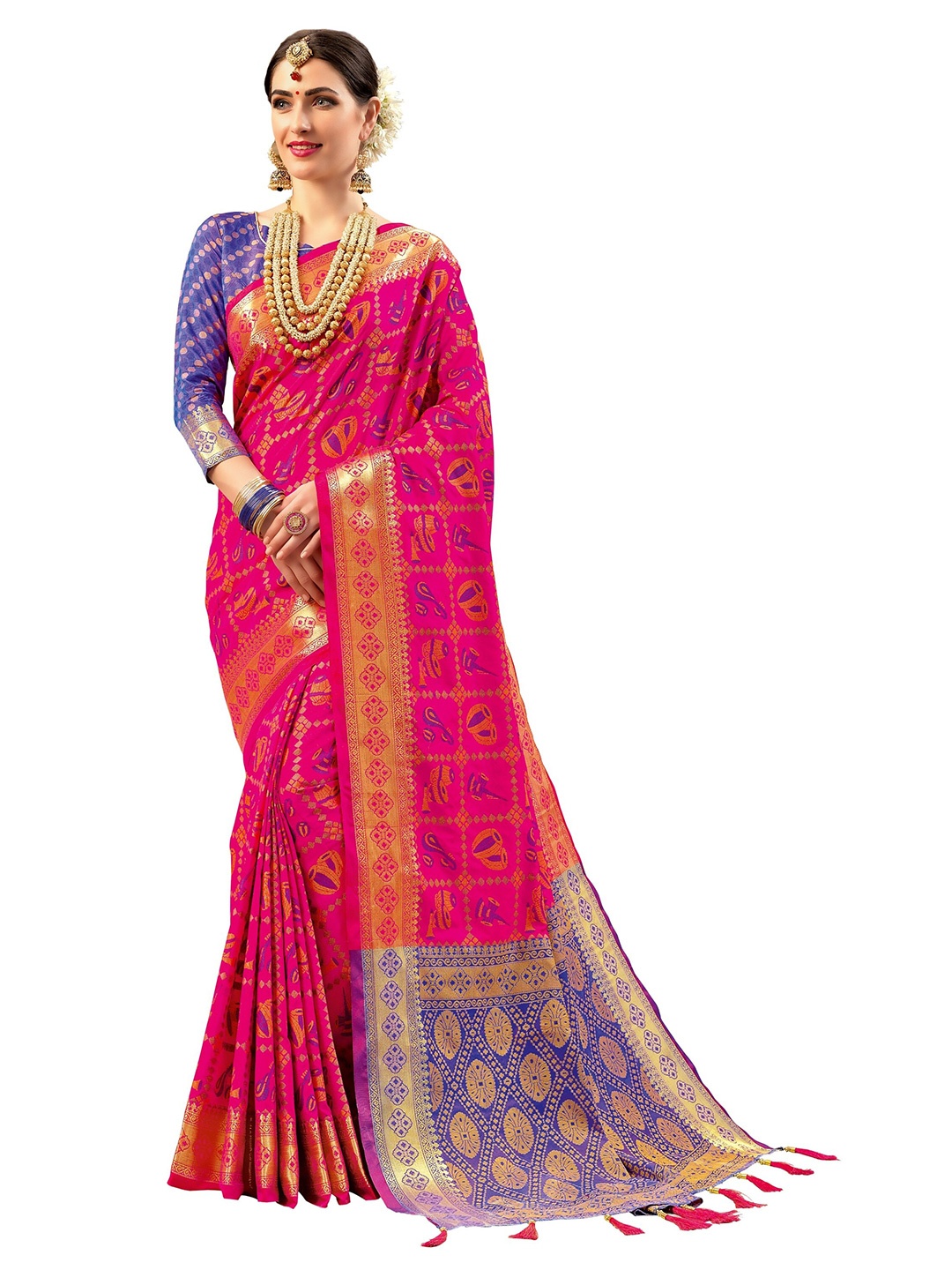 

Mitera Women Pink Silk Blend Woven Saree with Blouse