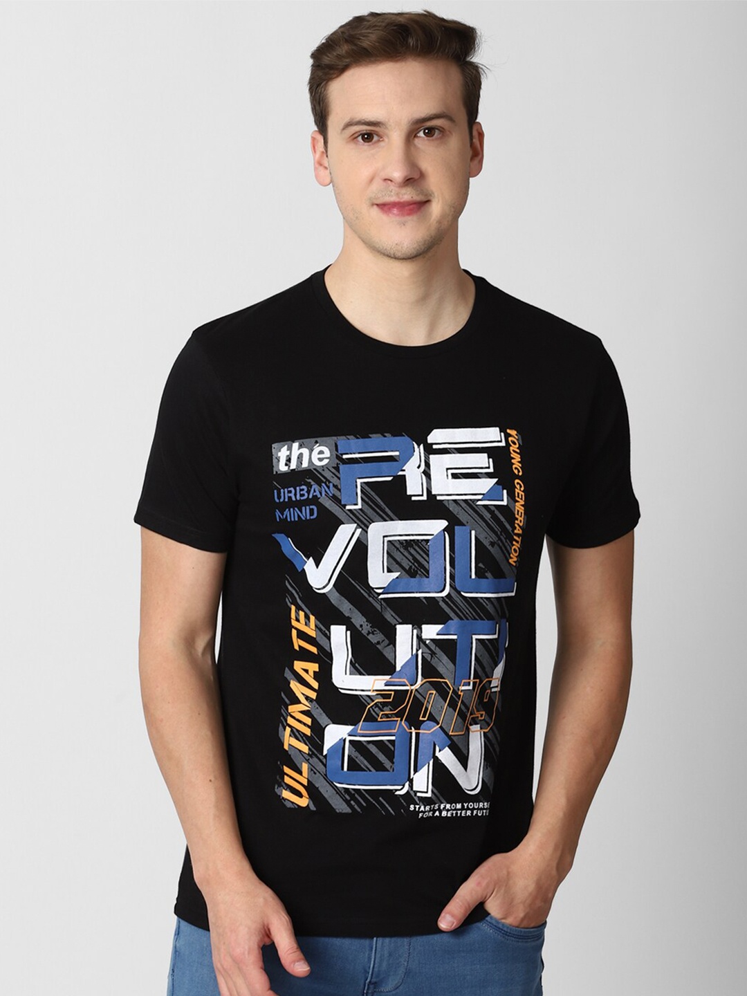 

Peter England Casuals Men Black Printed Pockets Slim Fit T-shirt