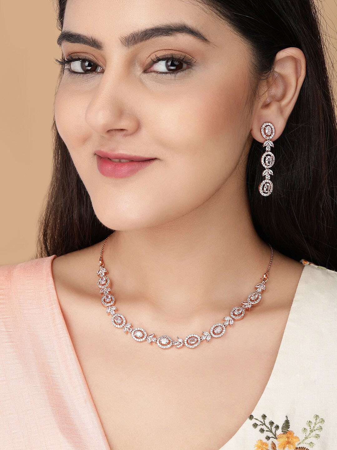 

Rubans 18K Rose Gold-Plated White Cubic Zirconia Studded Handcrafted Necklace Set