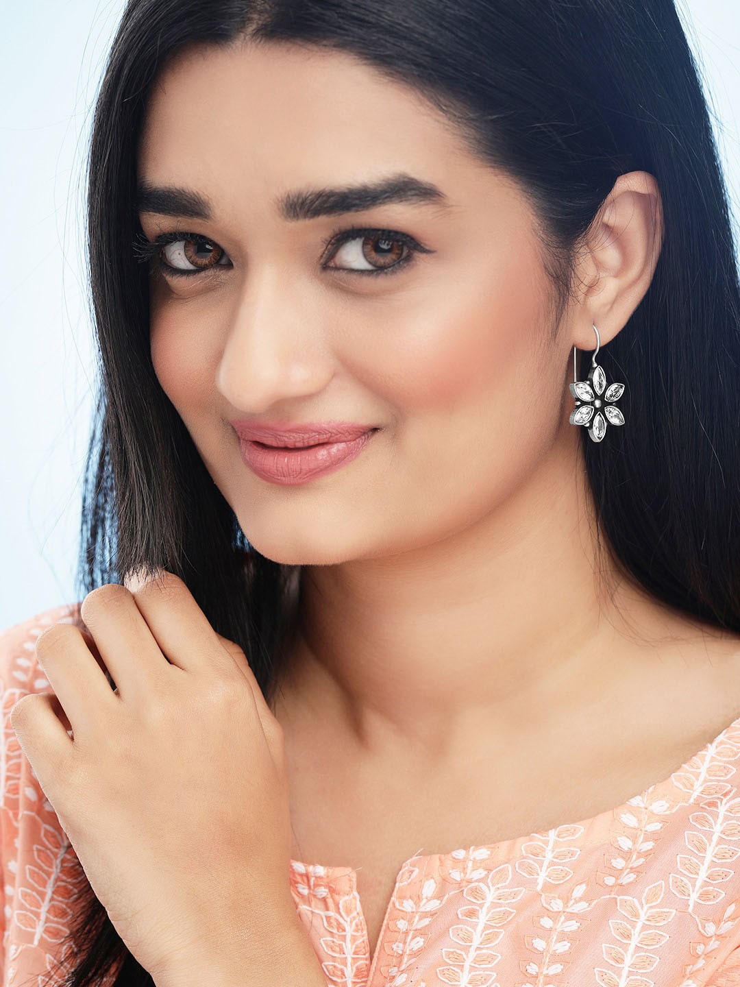 

Rubans Silver-Plated Silver-Toned Floral Oxidized Drop Earrings