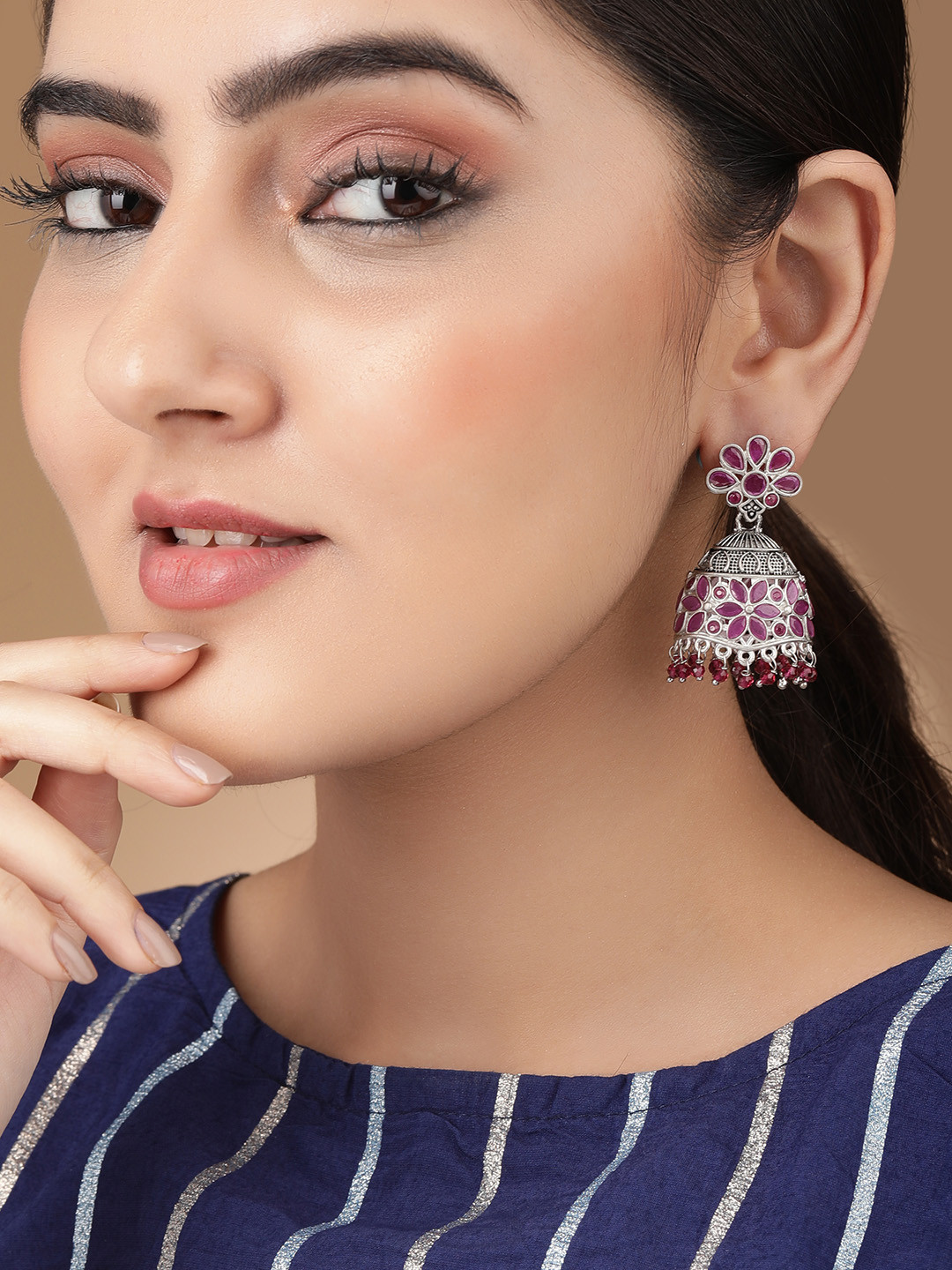 

Rubans Silver-Plated Silver-Toned & Pink Floral Jhumkas Earrings