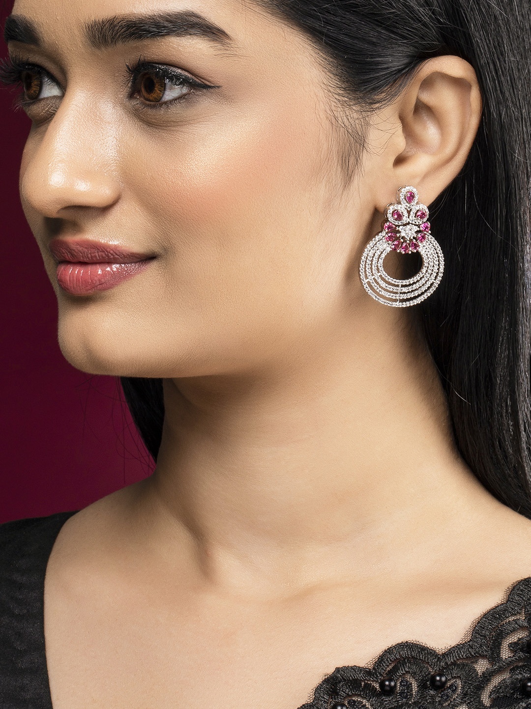 

Rubans Silver-Plated Crescent Shaped Pink CZ & Zircon Studded Drop Earrings