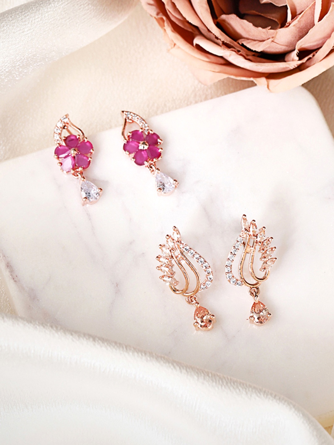 

Rubans Set Of 2 Gold-Toned & Pink Stones Studded Floral Drop Earrings