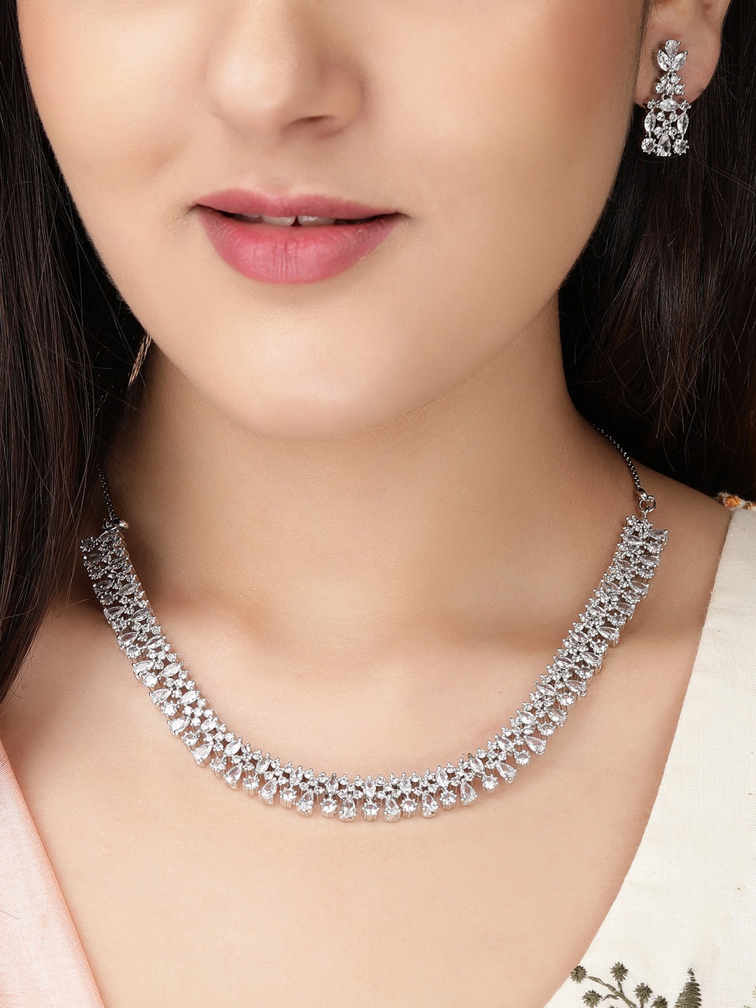 

Rubans Silver-Plated White CZ-Studded Handcrafted Jewellery Set