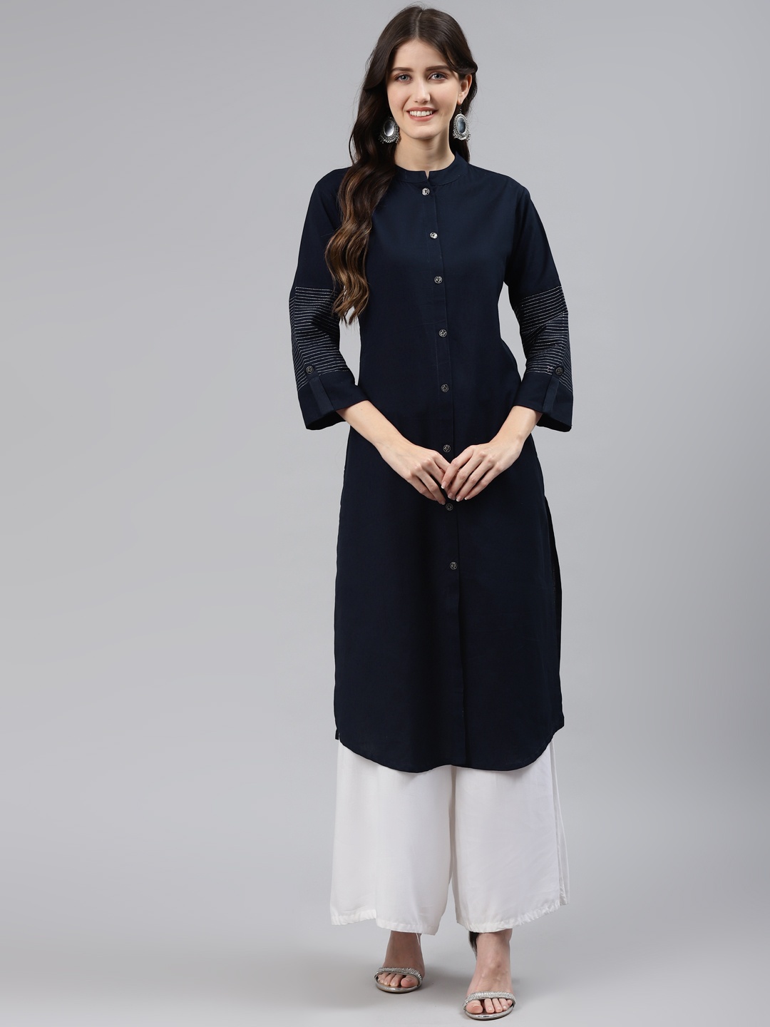 

Readiprint Fashions Women Navy Blue Zari Pure Cotton Kurta