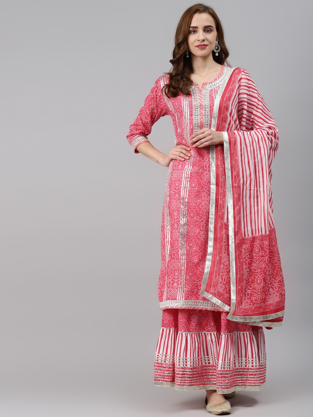 

Readiprint Fashions Women Pink Bandhani Gotta Patti Pure Cotton Kurta With Sharara&Dupatta