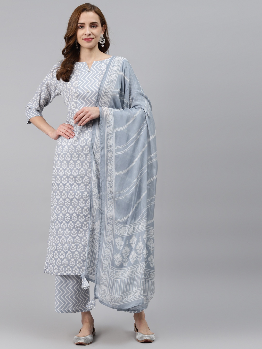 Readiprint Fashions Women Grey Ethnic Motifs Printed Regular Pure Cotton Kurta with Palazzos & With Dupatta