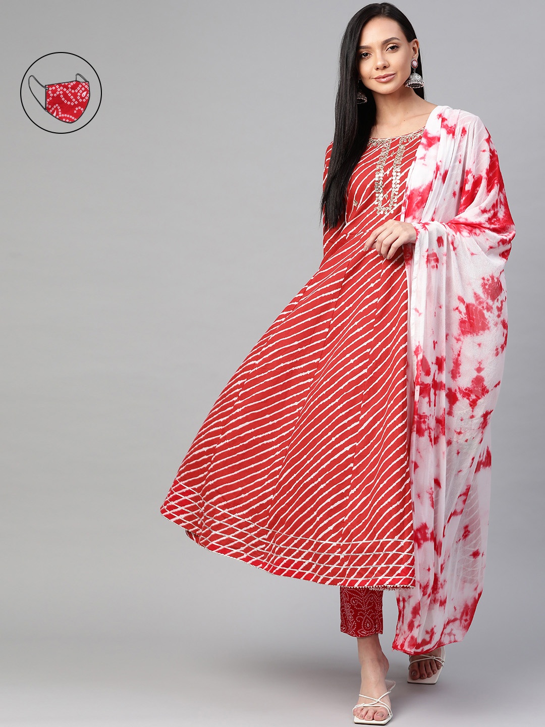 

Readiprint Fashions Women Red Leheriya Printed Empire Gotta Patti Pure Cotton Kurta Set