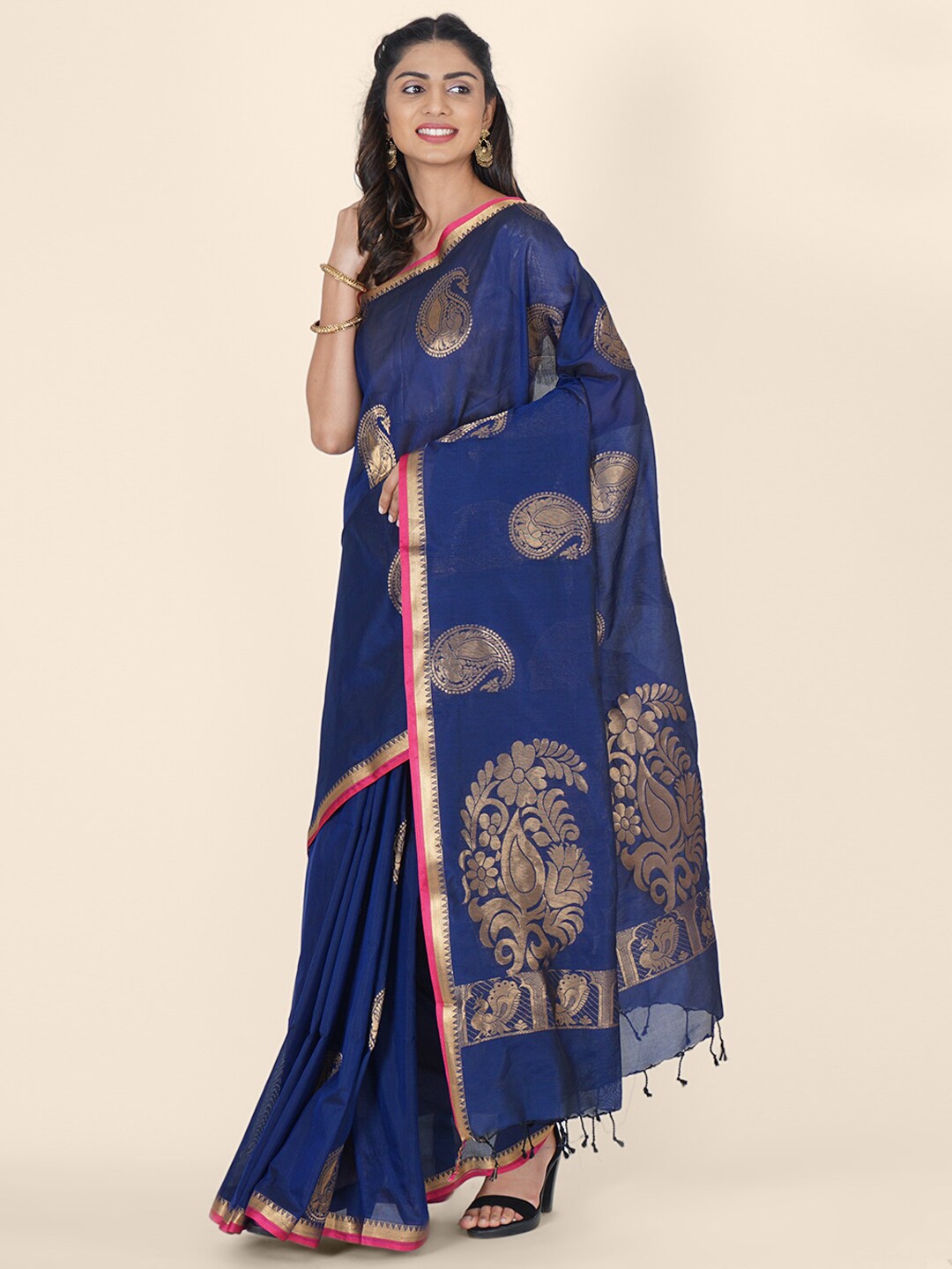 

Bangalore Silk Emporium Navy Blue & Red Woven Design Zari Art Silk Kanjeevaram Saree