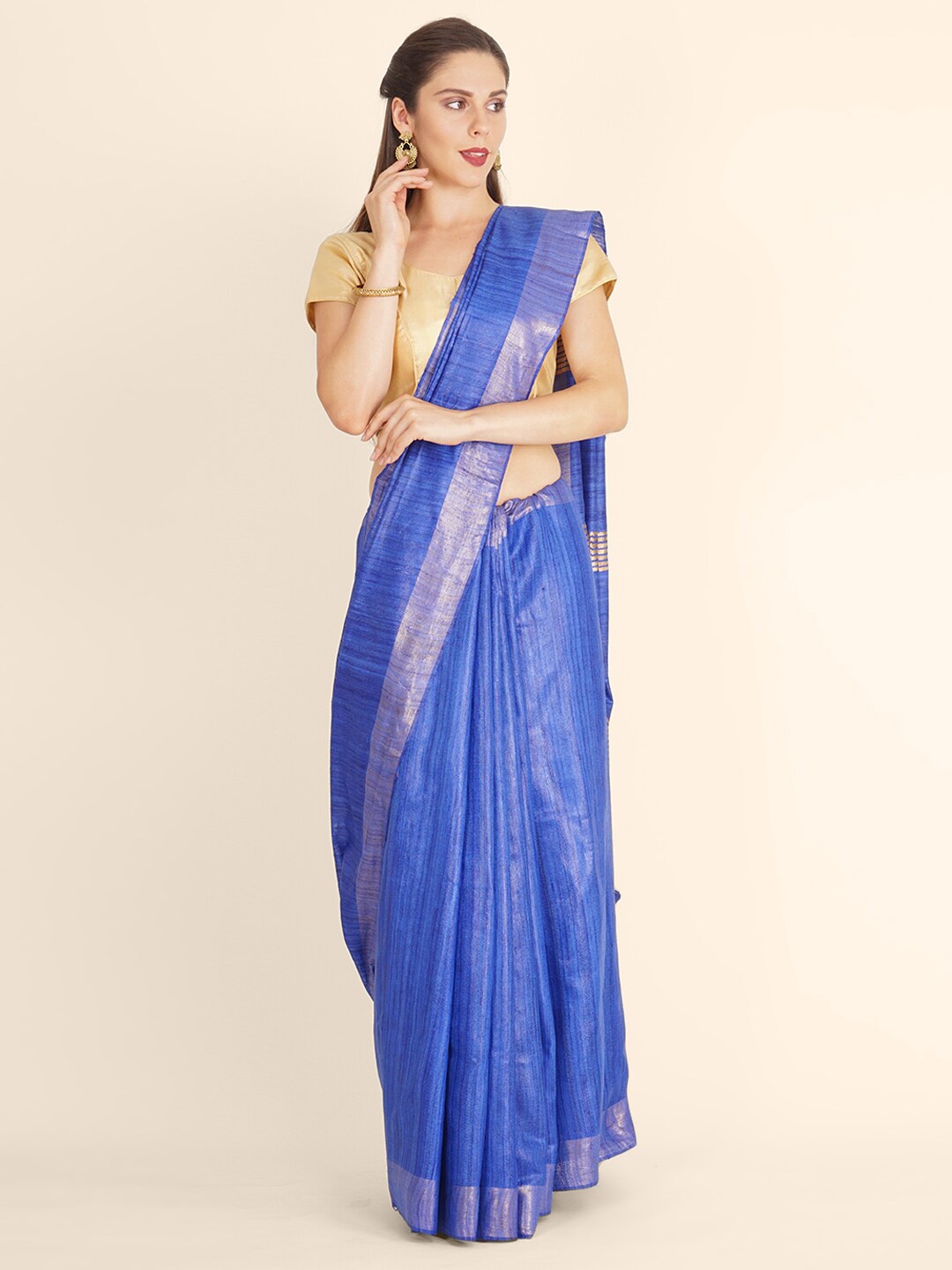 

Bangalore Silk Emporium Blue & Gold-Toned Linen Blend Kanjeevaram Saree