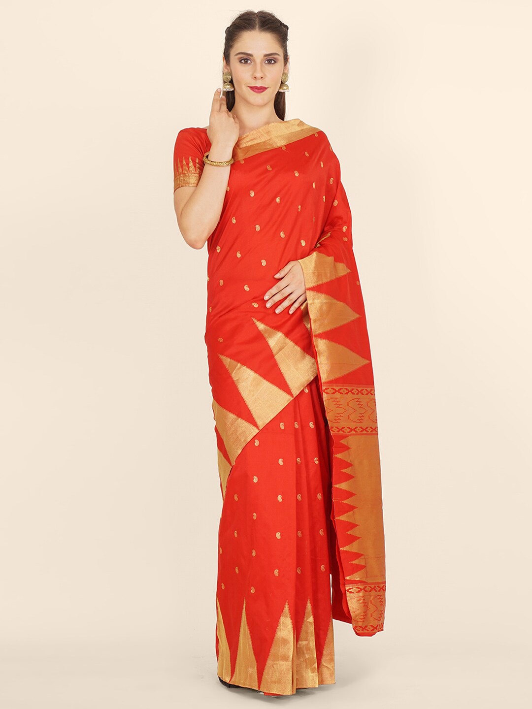 

Bangalore Silk Emporium Red & Gold-Toned Woven Design Zari Silk Blend Kanjeevaram Saree