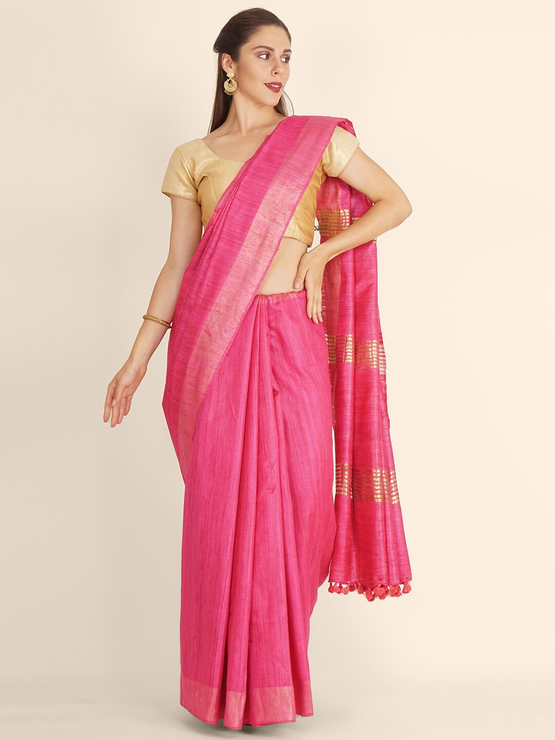 

Bangalore Silk Emporium Pink & Gold-Toned Linen Blend Kanjeevaram Saree