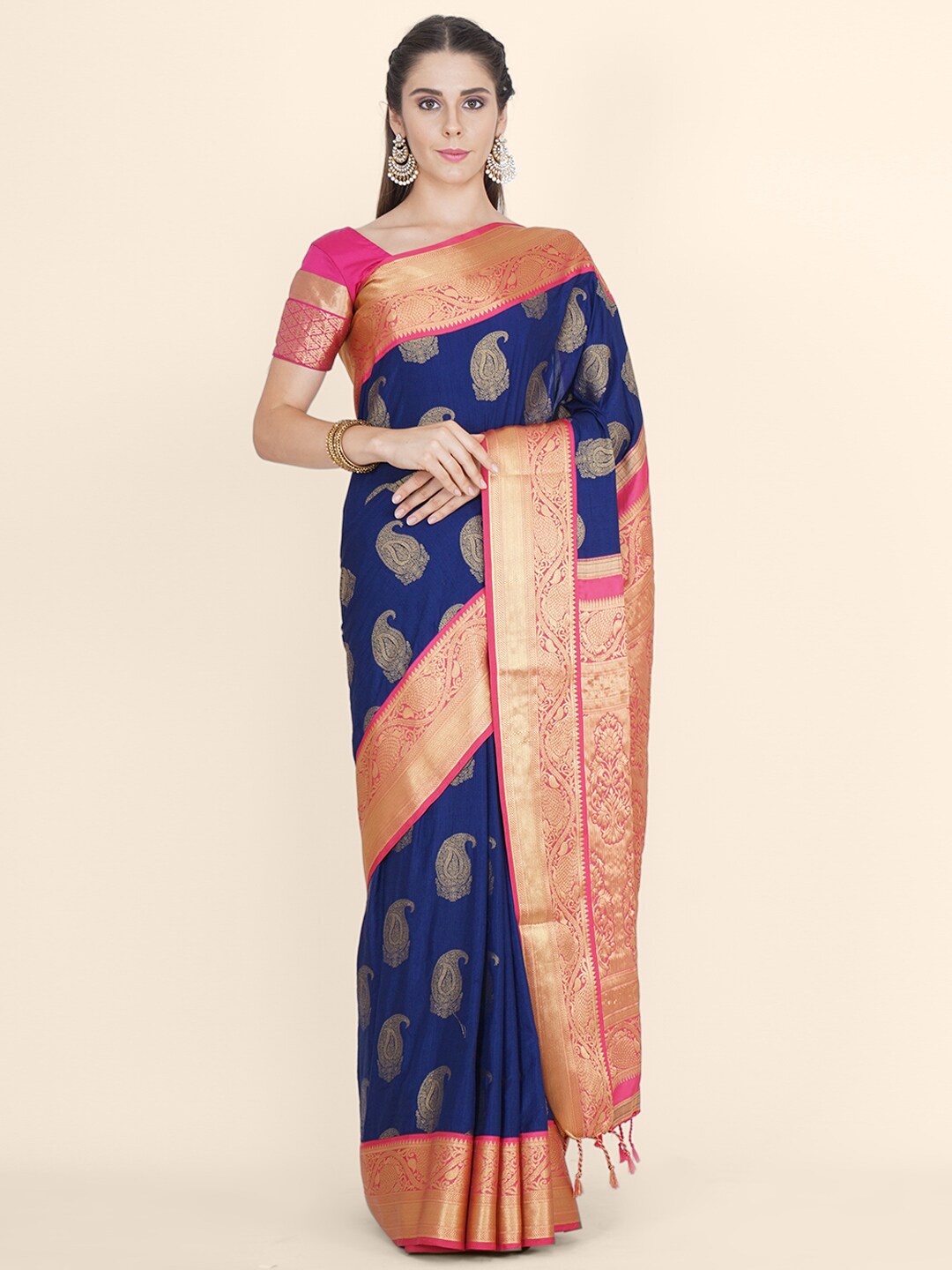 

Bangalore Silk Emporium Navy Blue & Pink Woven Design Zari Satin Kanjeevaram Saree
