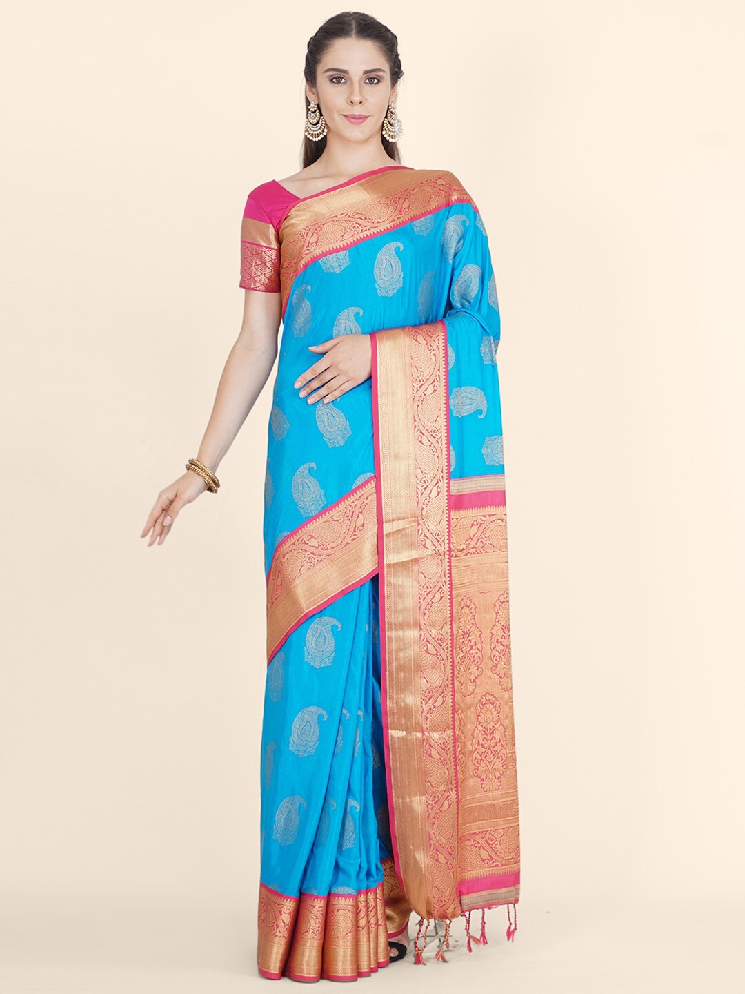 

Bangalore Silk Emporium Blue & Pink Woven Design Zari Satin Kanjeevaram Saree