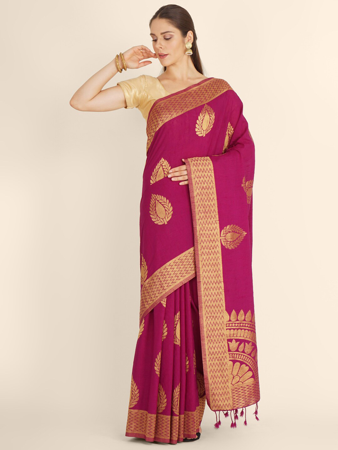 

Bangalore Silk Emporium Purple & Gold-Toned Woven Design Zari Linen Blend Kanjeevaram Saree