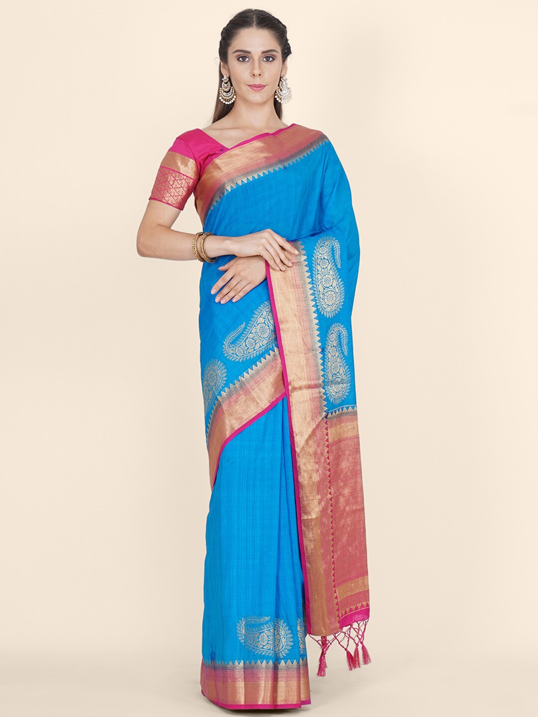 

Bangalore Silk Emporium Blue & Gold-Toned Paisley Zari Linen Blend Kanjeevaram Saree