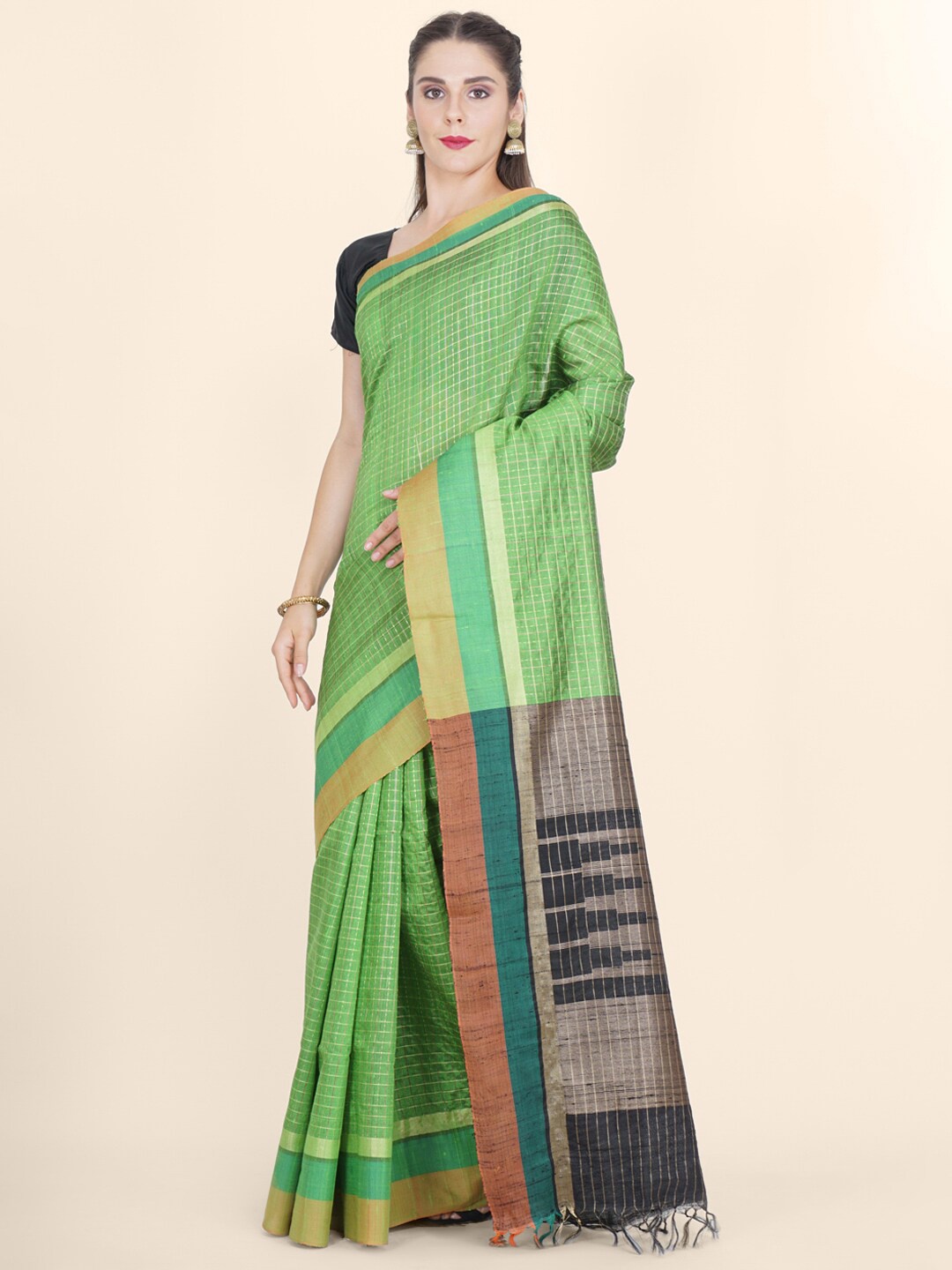 

Bangalore Silk Emporium Green Checked Zari Art Silk Kanjeevaram Saree