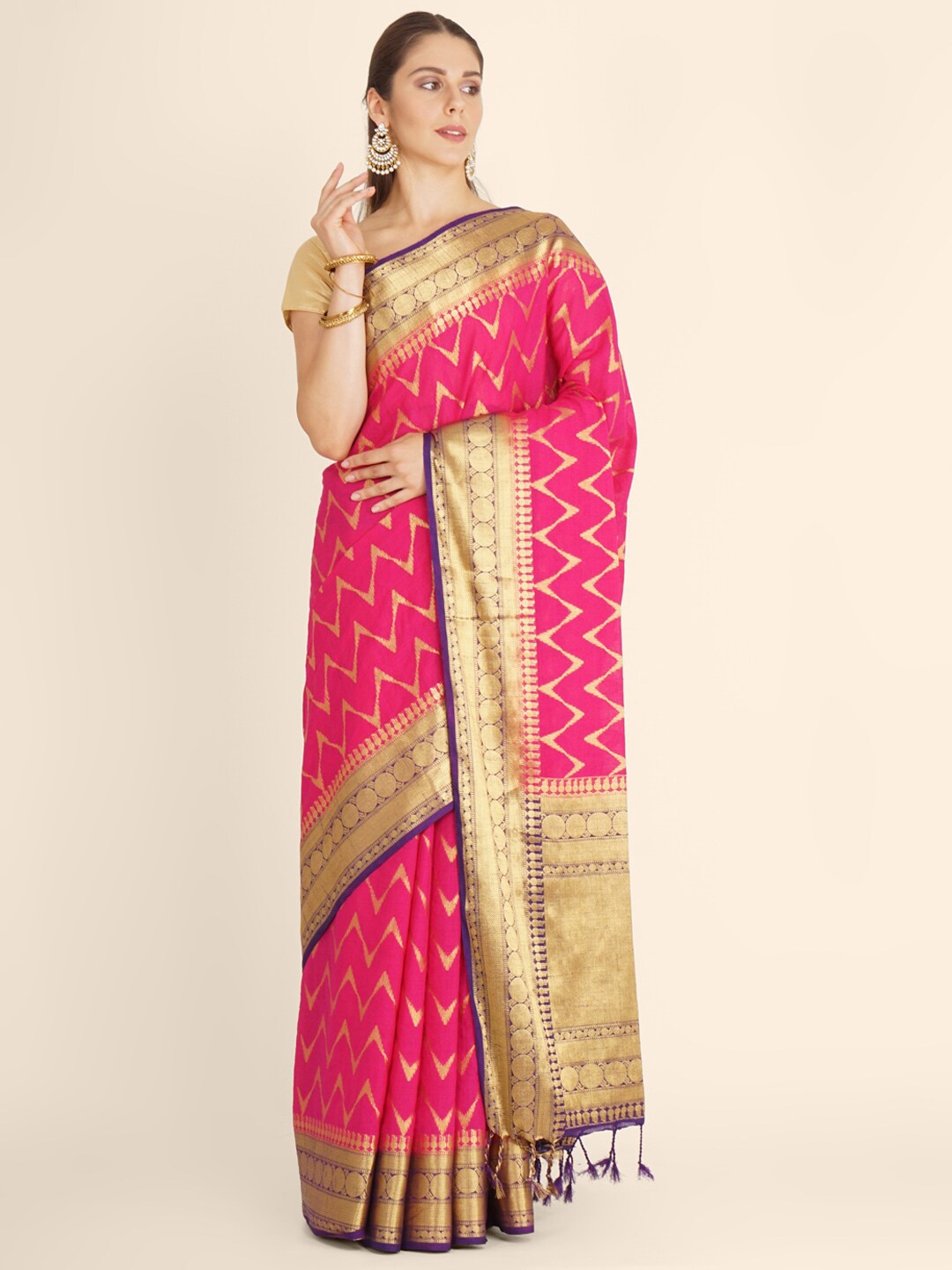 

Bangalore Silk Emporium Pink & Violet Woven Design Zari Linen Blend Kanjeevaram Saree