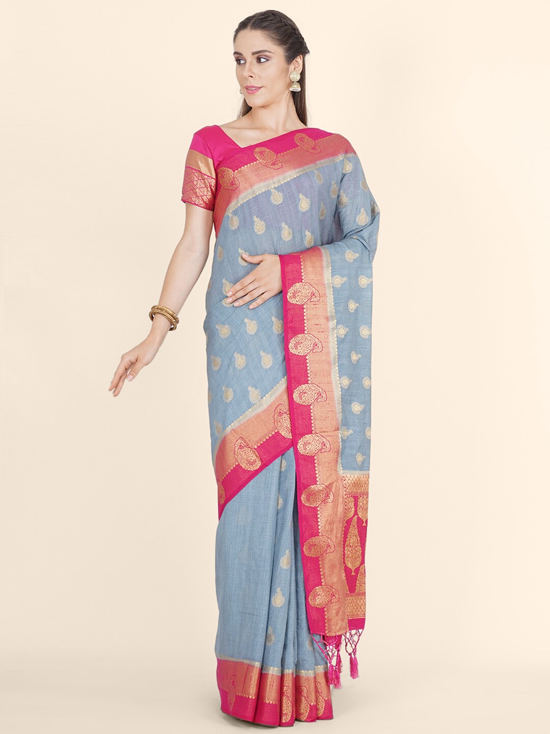 

Bangalore Silk Emporium Grey & Pink Woven Design Zari Linen Blend Kanjeevaram Saree