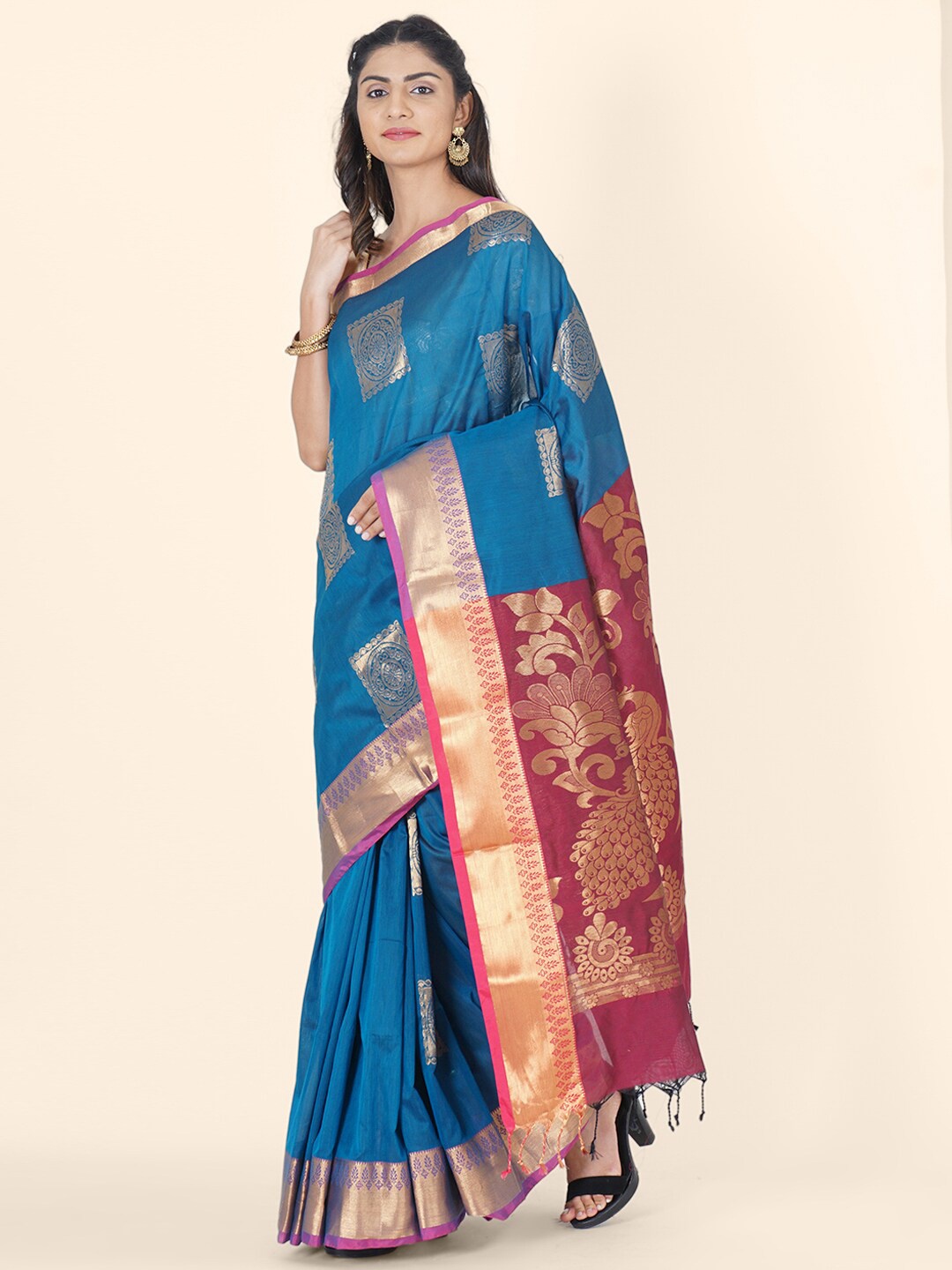 

Bangalore Silk Emporium Blue & Maroon Woven Design Zari Art Silk Kanjeevaram Saree