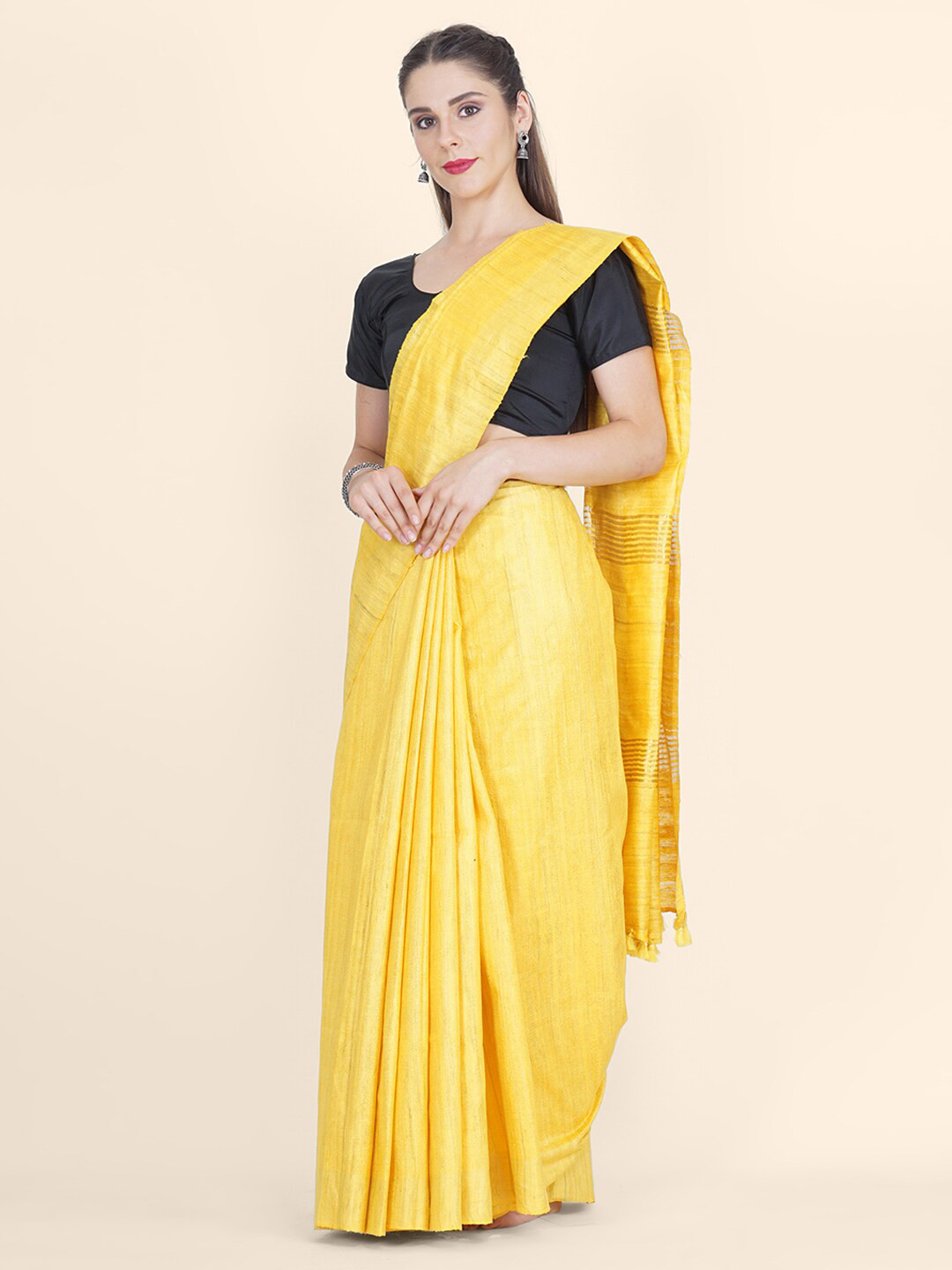 

Bangalore Silk Emporium Yellow Linen Blend Kanjeevaram Saree