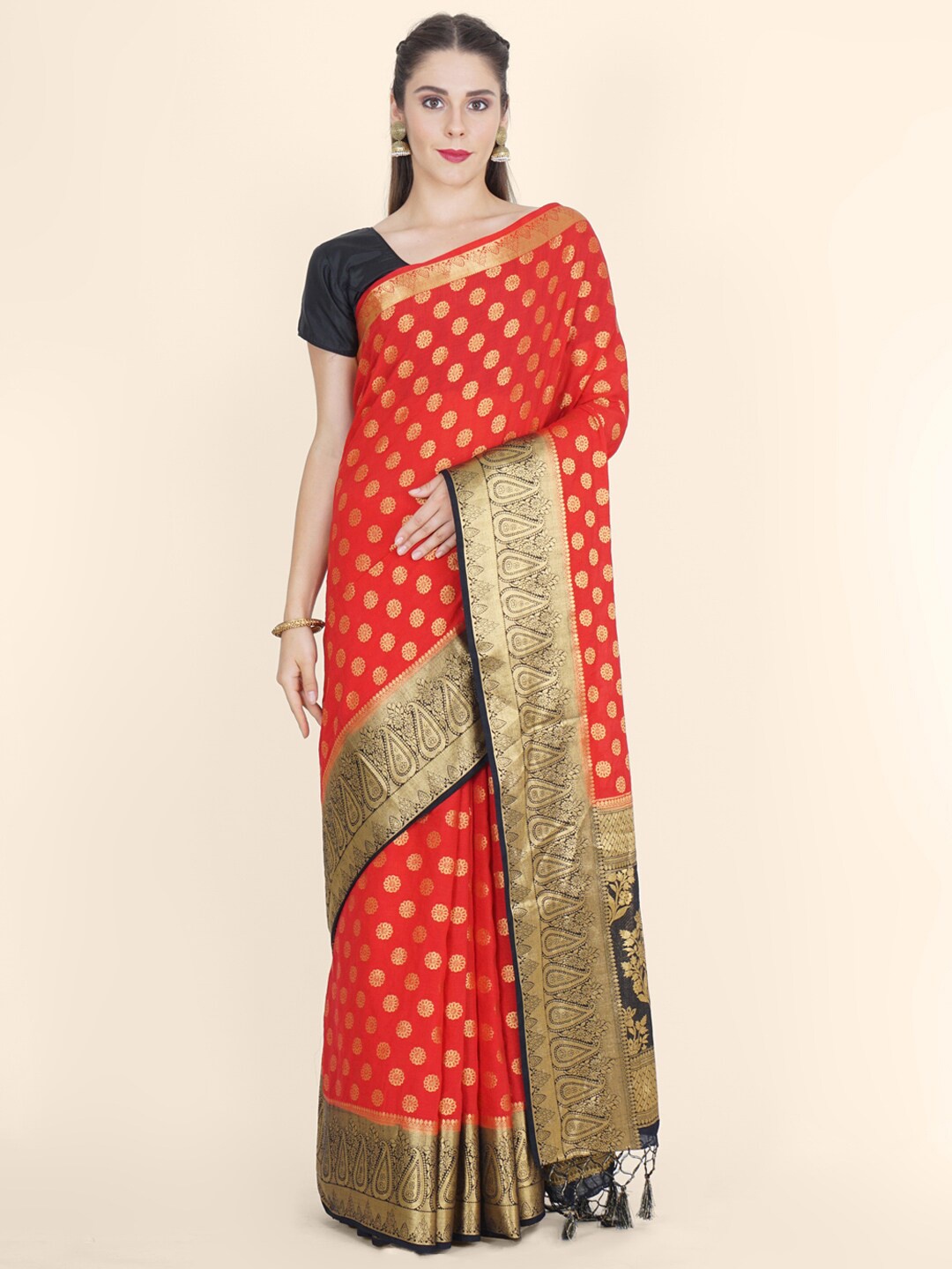 

Bangalore Silk Emporium Red & Black Woven Design Zari Linen Blend Kanjeevaram Saree