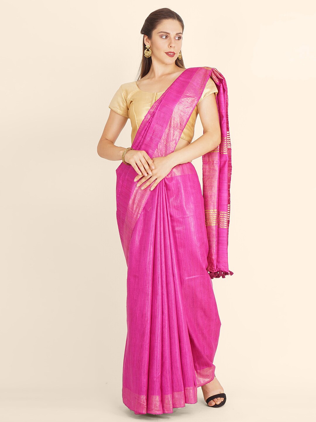 

Bangalore Silk Emporium Pink & Gold-Toned Zari Linen Blend Kanjeevaram Saree