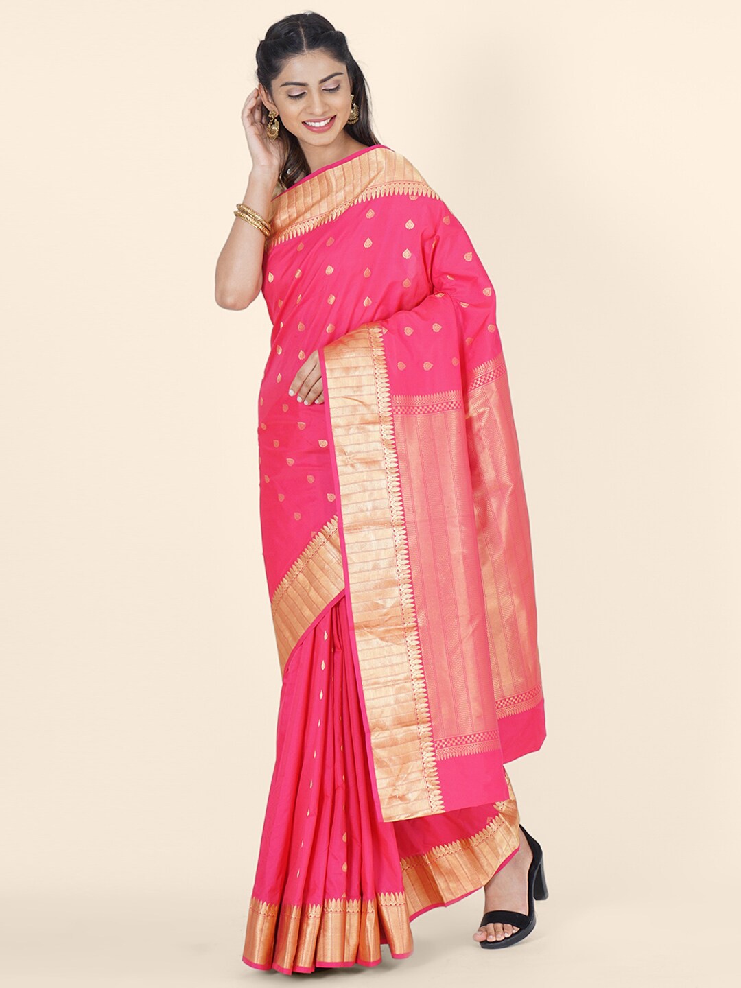 

Bangalore Silk Emporium Pink & Gold-Toned Woven Design Zari Silk Blend Kanjeevaram Saree