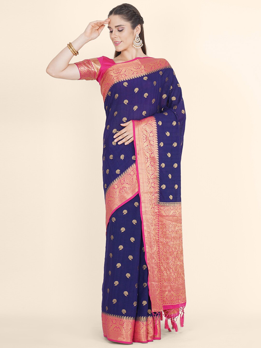 

Bangalore Silk Emporium Navy Blue & Pink Woven Design Zari Linen Blend Kanjeevaram Saree