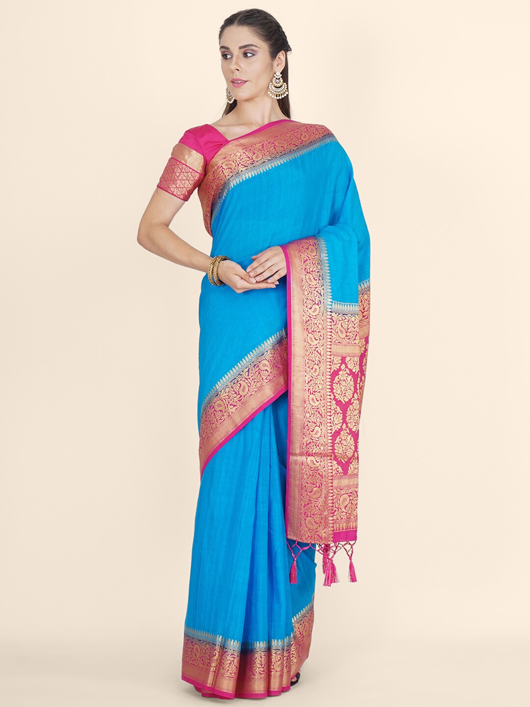 

Bangalore Silk Emporium Blue & Pink Linen Blend Kanjeevaram Saree