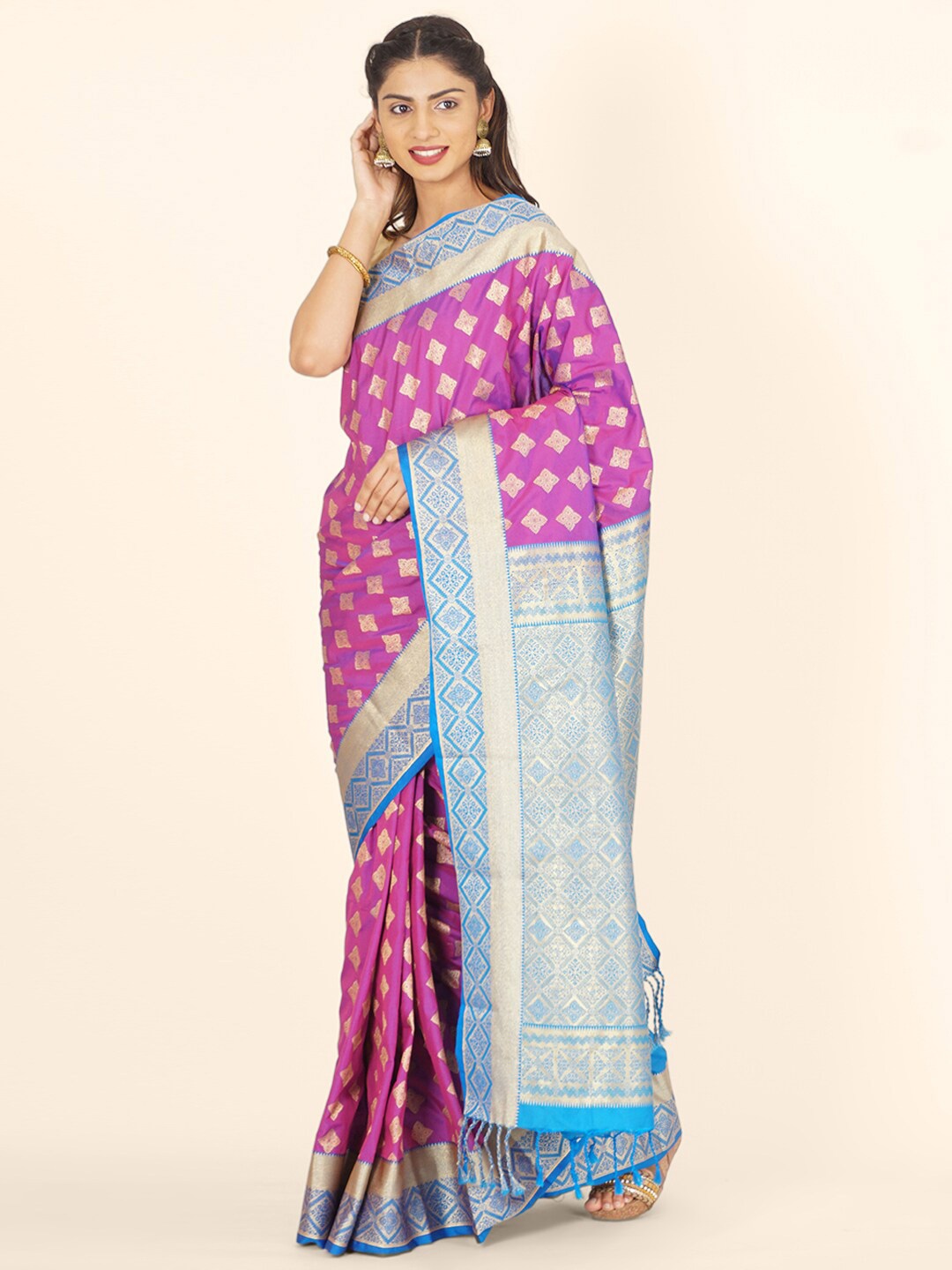 

Bangalore Silk Emporium Purple & Blue Woven Design Zari Art Silk Kanjeevaram Saree