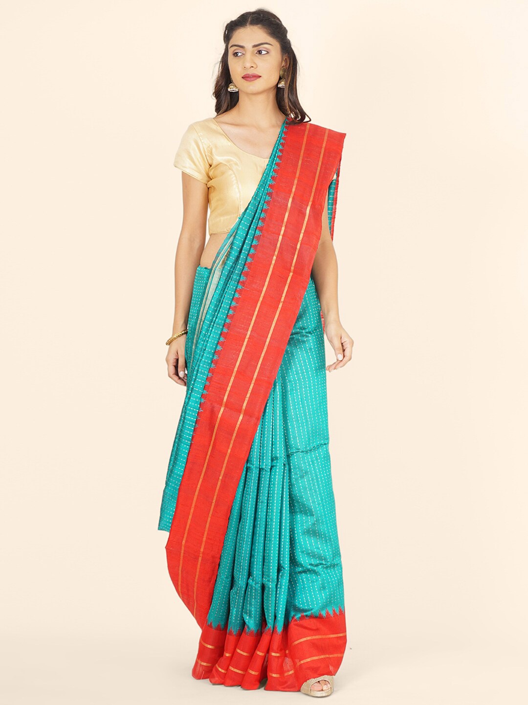 

Bangalore Silk Emporium Turquoise Blue & Red Woven Design Zari Art Silk Kanjeevaram Saree