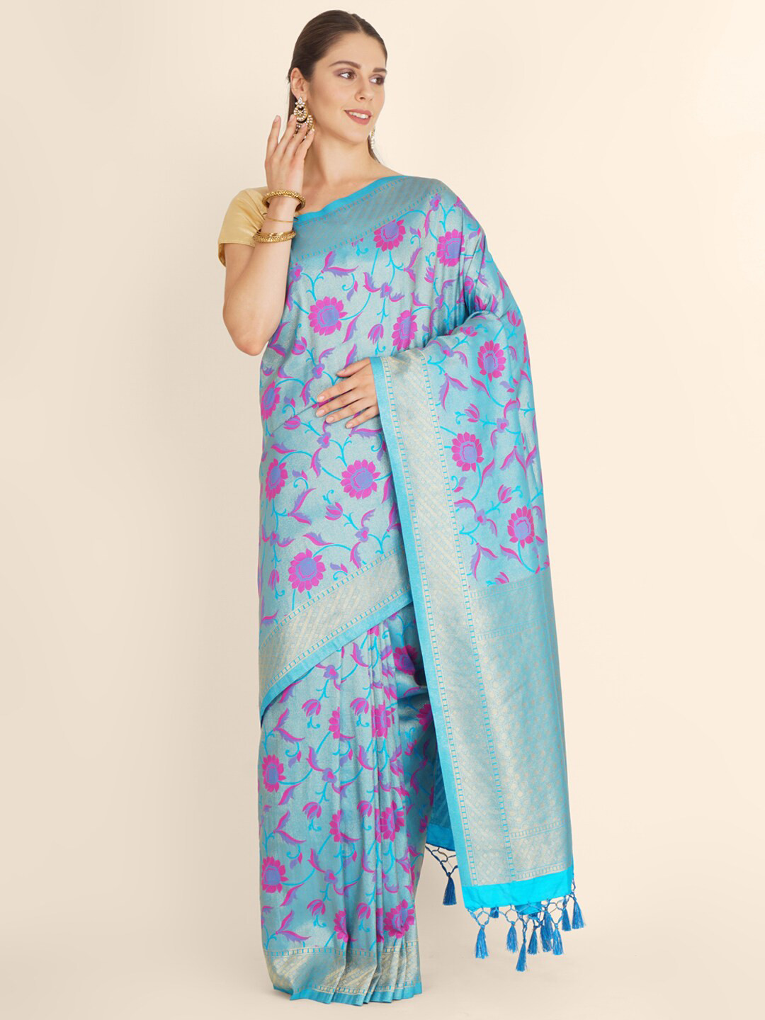 

Bangalore Silk Emporium Blue & Pink Woven Design Zari Linen Blend Kanjeevaram Saree