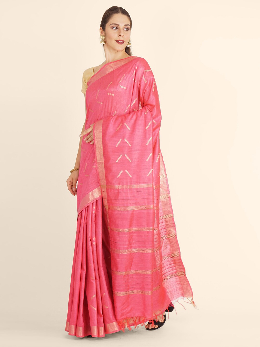 

Bangalore Silk Emporium Pink & Gold-Toned Zari Linen Blend Kanjeevaram Saree